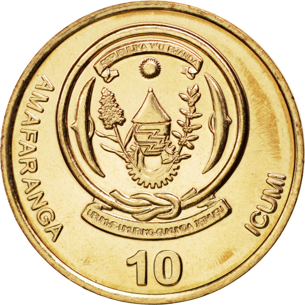 Coin, Rwanda, 10 Francs, 2003, MS(63), Brass plated steel, KM:24