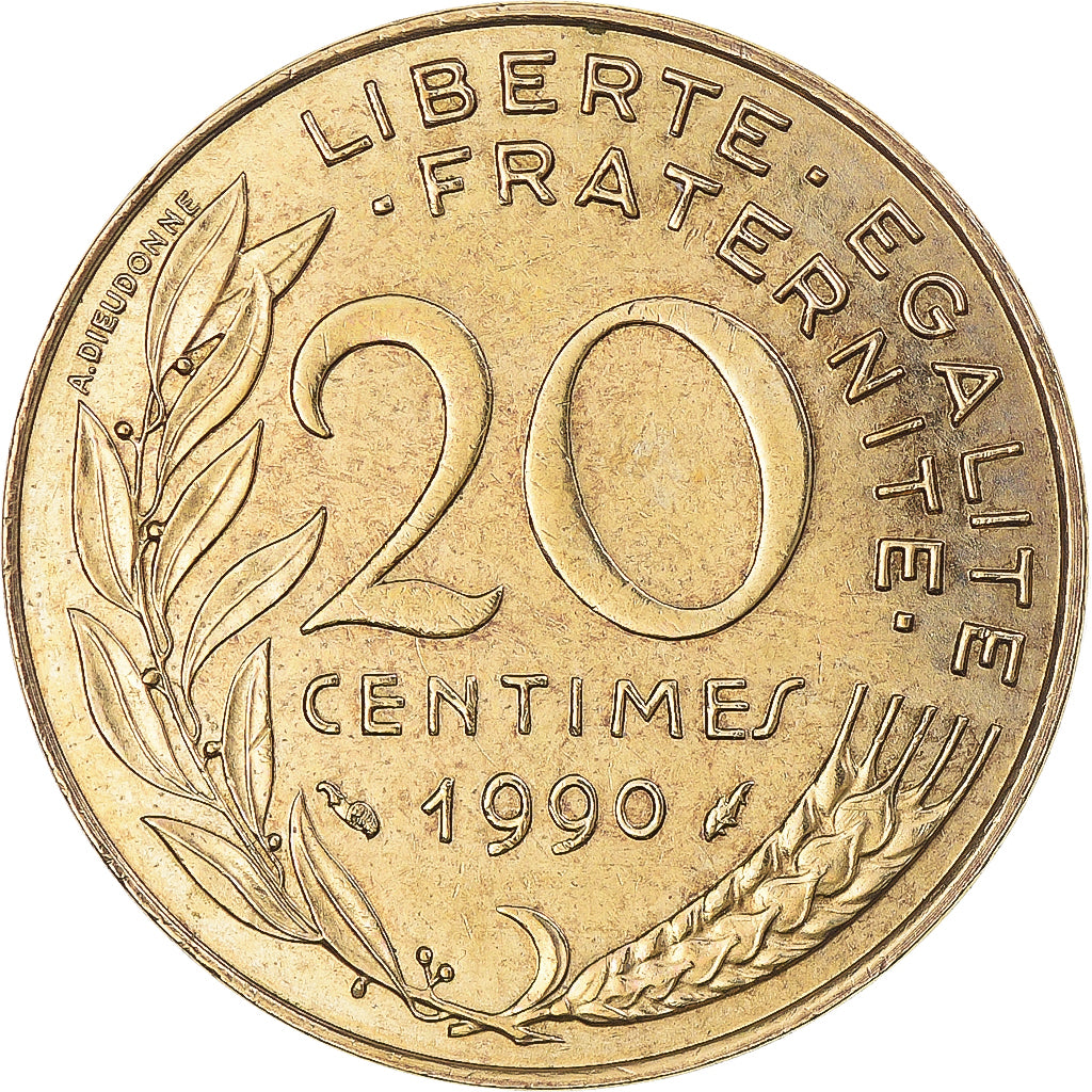 Moneta, Francja, Marianne, 20 Centimes, 1990, Paris, EF(40-45), Aluminium-Brąz