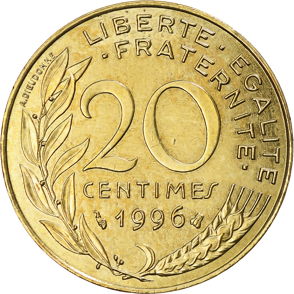 Moneta, Francja, Marianne, 20 Centimes, 1996, Paris, AU(50-53), Aluminium-Brąz
