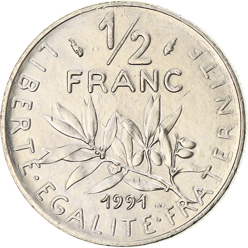 Moneda, Francia, Semeuse, 1/2 Franc, 1991, Paris, MBC+, Níquel, KM:931.1