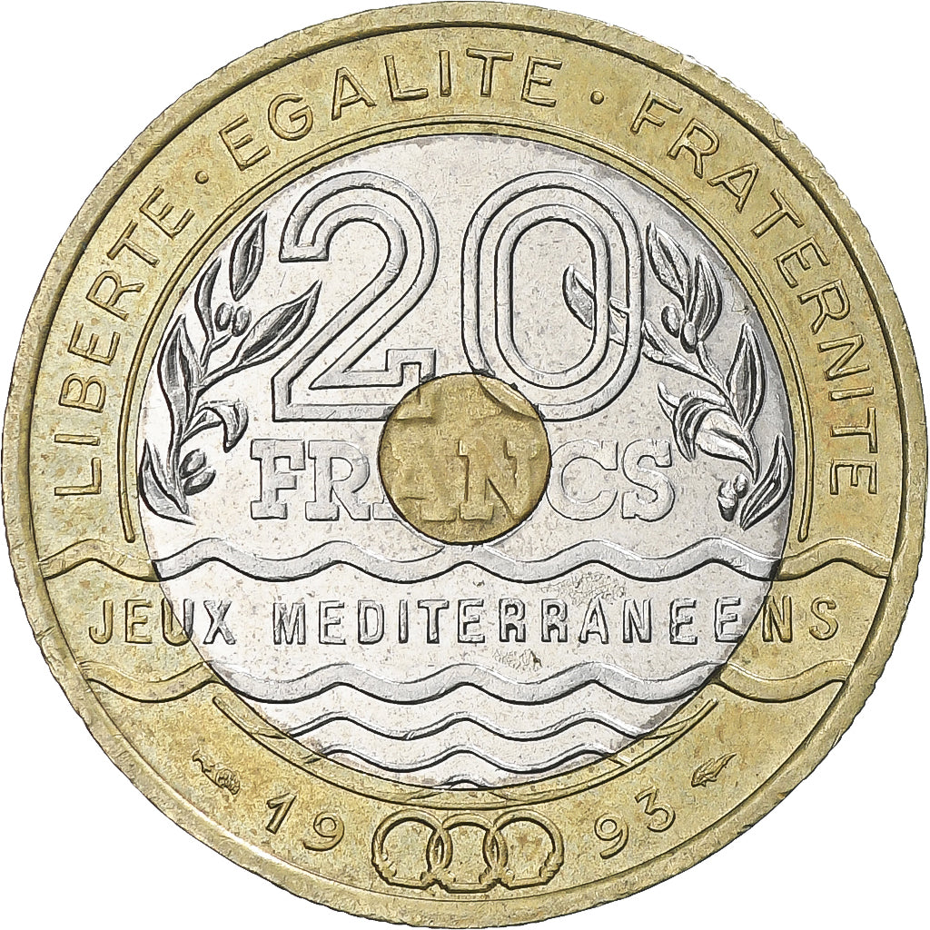 Moneda, Francia, Jeux Méditerranéens, 20 Francs, 1993, MBC+, Trimetálico