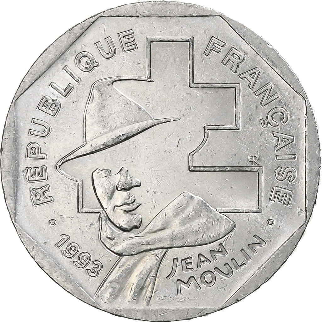 Frankrijk, 2 Francs, Jean Moulin, 1993, Paris, Nickel, ZF+, Gadoury:547, KM:1062