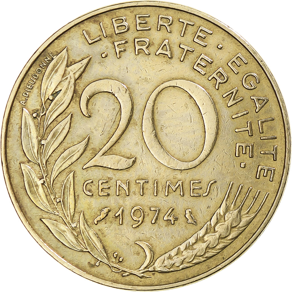 Moneta, Francja, Marianne, 20 Centimes, 1974, Paris, VF(30-35), Aluminium-Brąz