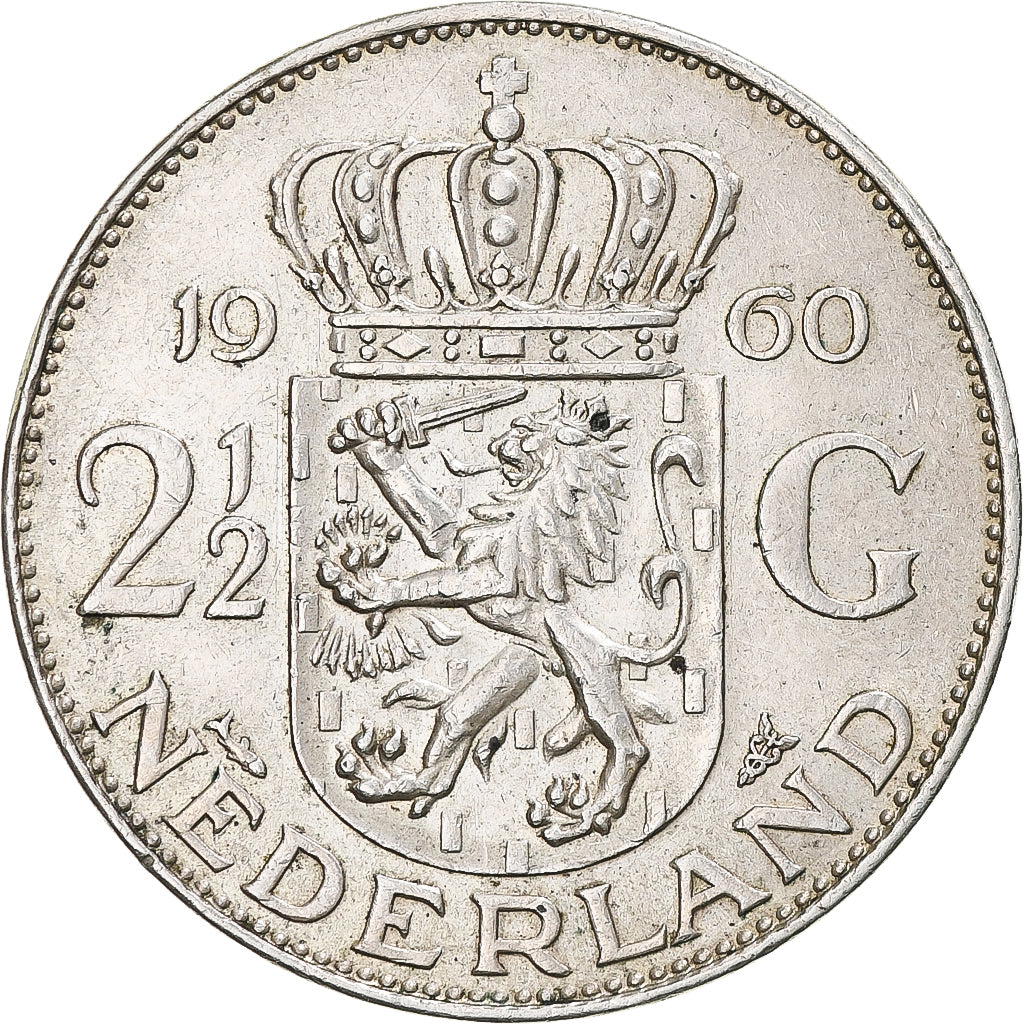 Moneda, Países Bajos, Juliana, 2-1/2 Gulden, 1960, MBC+, Plata, KM:185