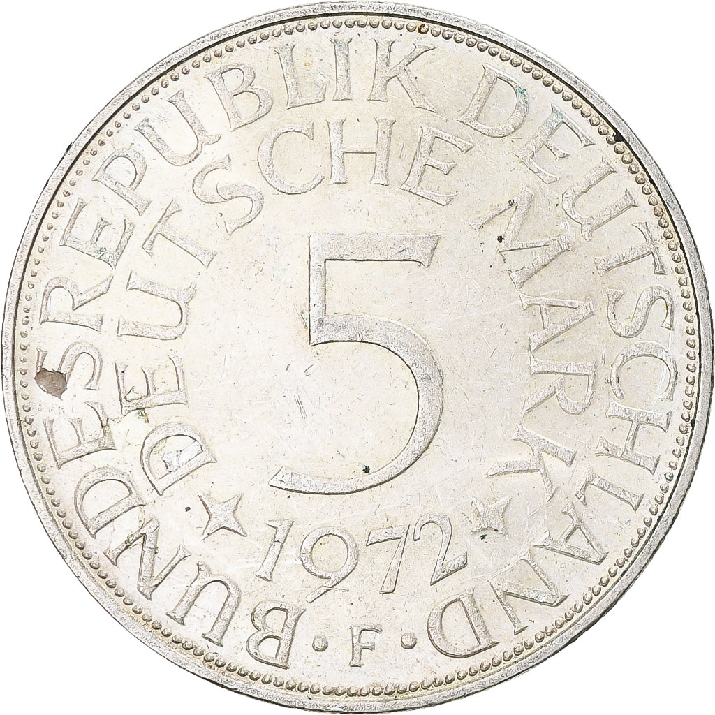 Coin, GERMANY - FEDERAL REPUBLIC, 5 Mark, 1972, Stuttgart, AU(55-58), Silver