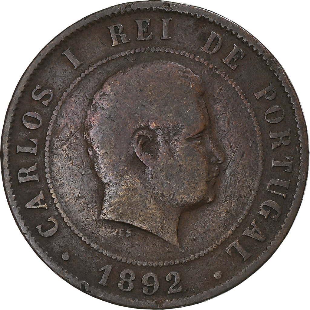 Moneda, Portugal, Carlos I, 20 Reis, 1892, BC+, Bronce, KM:533