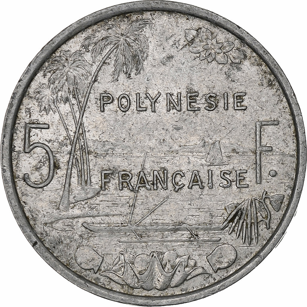 Polinesia francesa, 5 Francs, 1977, Paris, MBC, Aluminio, KM:12