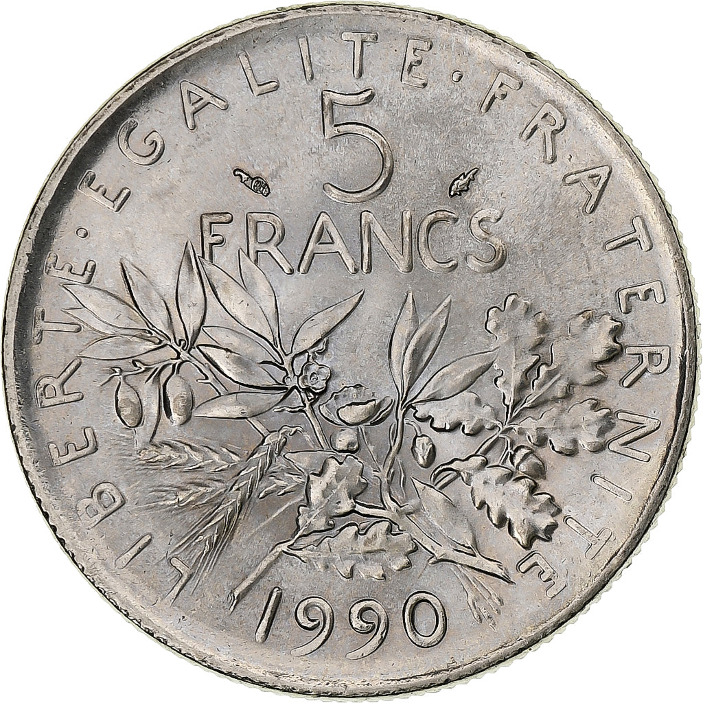Frankrijk, 5 Francs, Semeuse, 1990, Paris, Nickel Clad Copper-Nickel, UNC-
