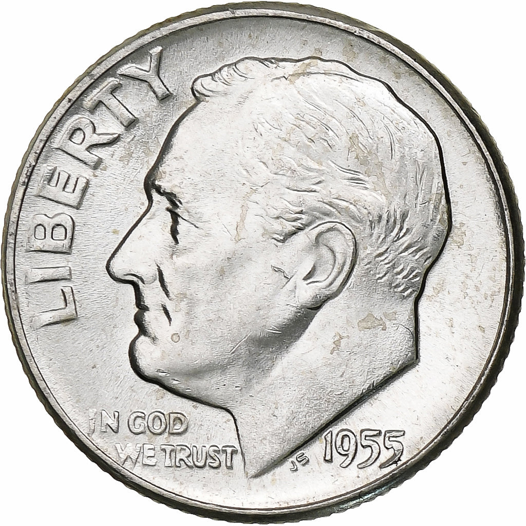 United States, Dime, Roosevelt Dime, 1955, U.S. Mint, BU, Silver, MS(63), KM:195
