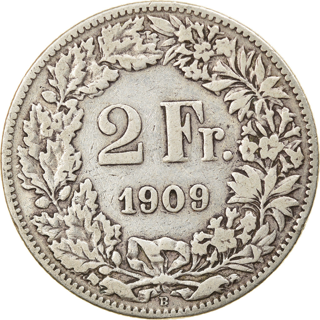 Moeda, Suíça, 2 Francs, 1909, Bern, VF(30-35), Prata, KM:21