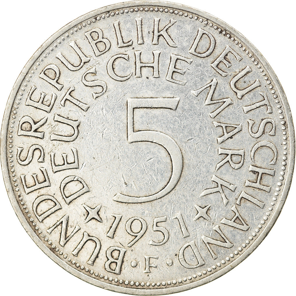 Coin, GERMANY - FEDERAL REPUBLIC, 5 Mark, 1951, Stuttgart, EF(40-45), Silver