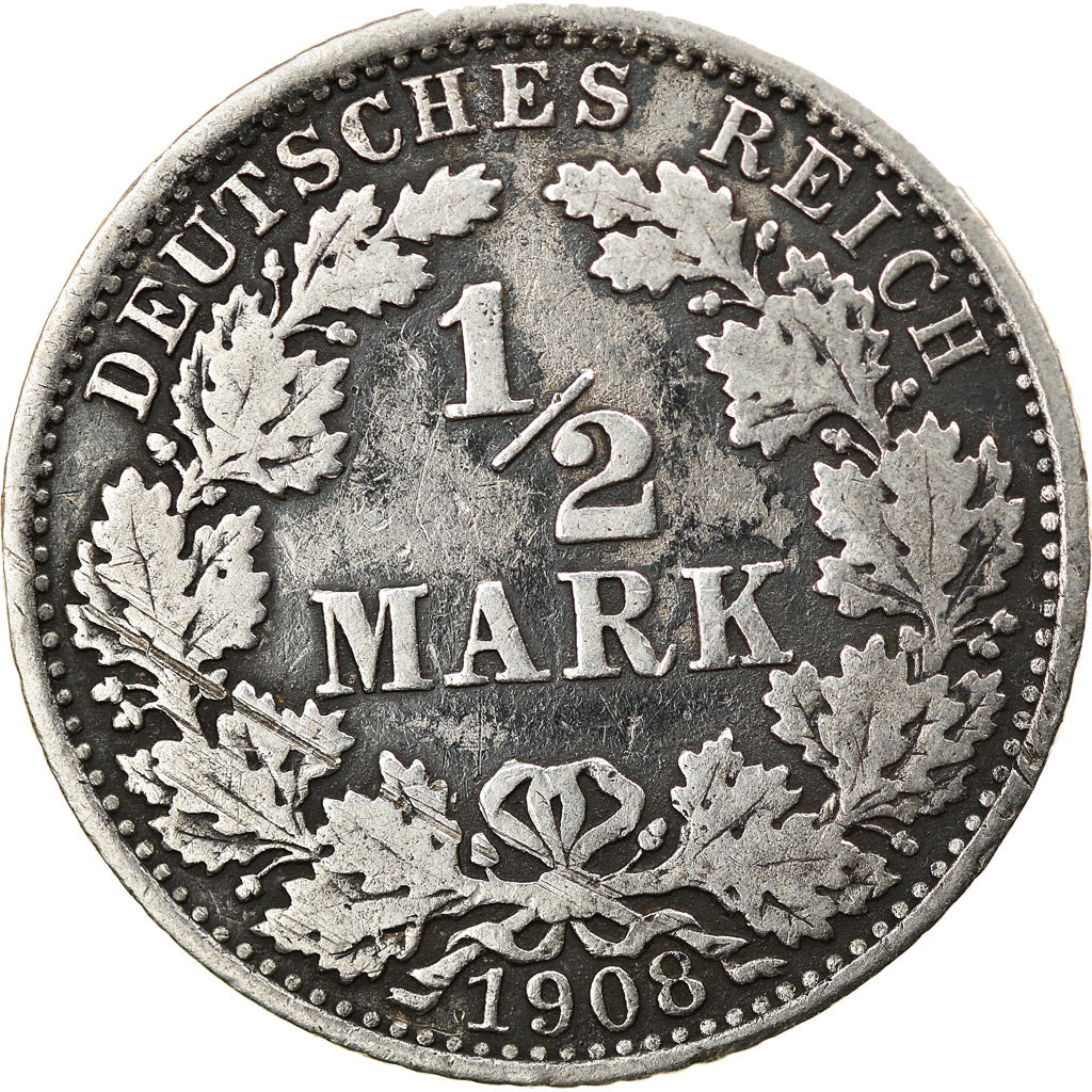 Coin, GERMANY - EMPIRE, 1/2 Mark, 1908, Berlin, EF(40-45), Silver, KM:17