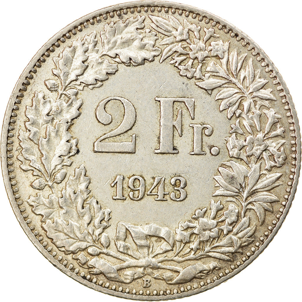 Coin, Switzerland, 2 Francs, 1943, Bern, EF(40-45), Silver, KM:21