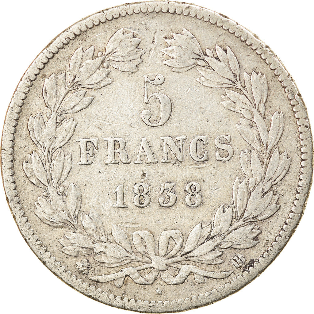 Moneda, Francia, Louis-Philippe, 5 Francs, 1838, Strasbourg, MBC, Plata
