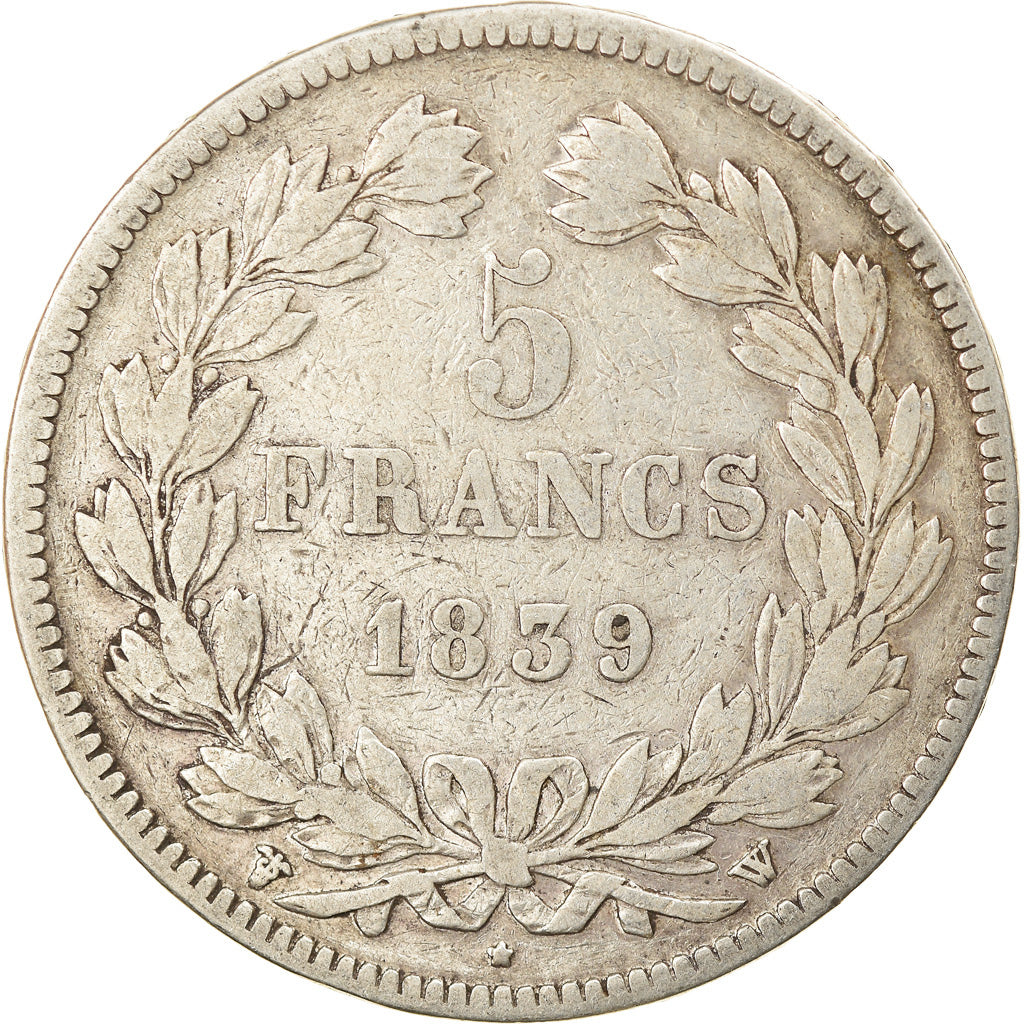 Moneda, Francia, Louis-Philippe, 5 Francs, 1839, Lille, BC+, Plata, KM:749.13