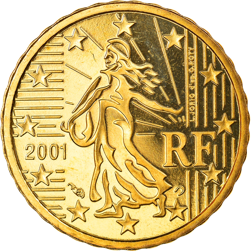 França, 10 Euro Cent, 2001, Paris, Proof, MS(65-70), Latão, KM:1285