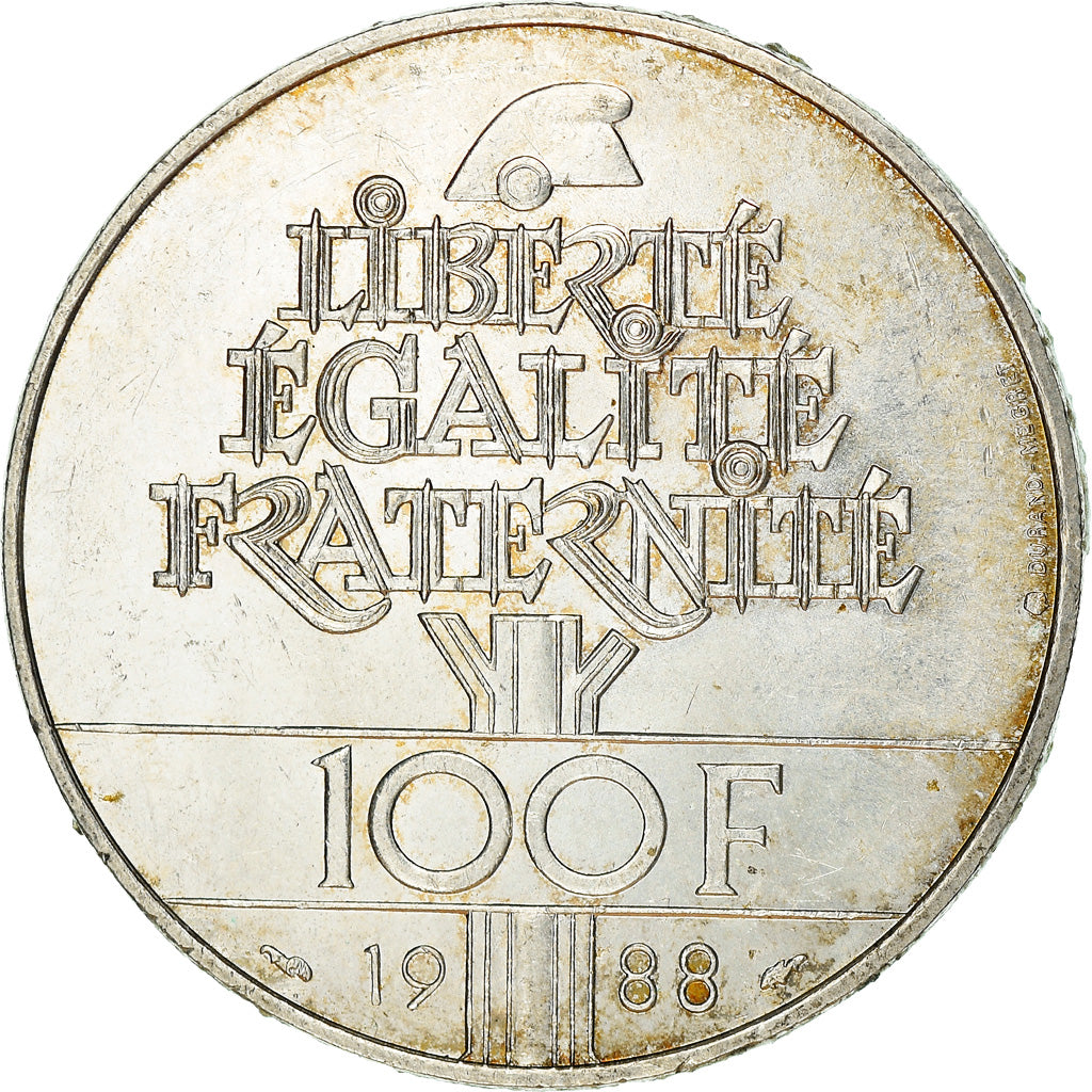 Moeda, França, Fraternité, 100 Francs, 1988, AU(50-53), Prata, KM:966
