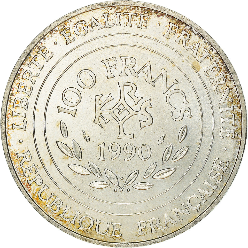 Coin, France, Charlemagne, 100 Francs, 1990, Paris, AU(55-58), Silver, KM:982