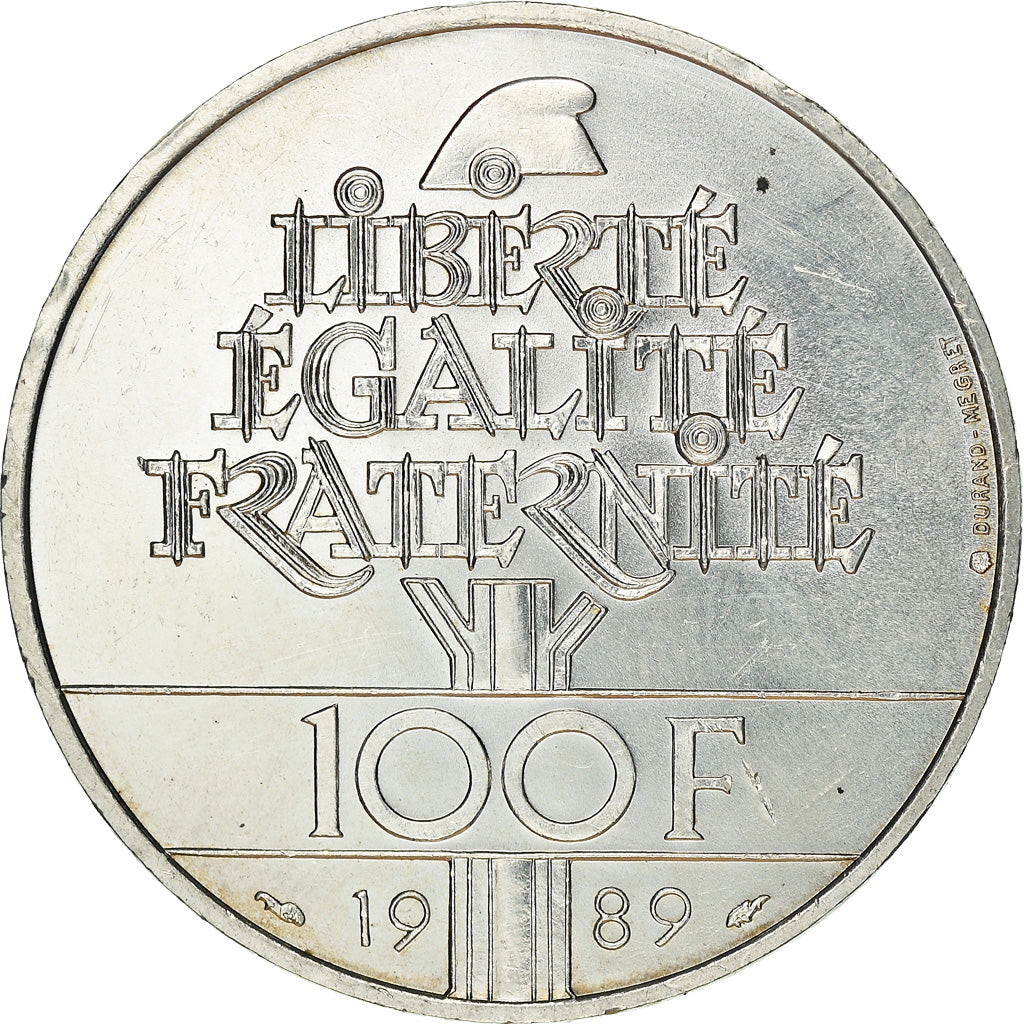 Moeda, França, Droits de l'Homme, 100 Francs, 1989, MS(60-62), Prata, KM:970