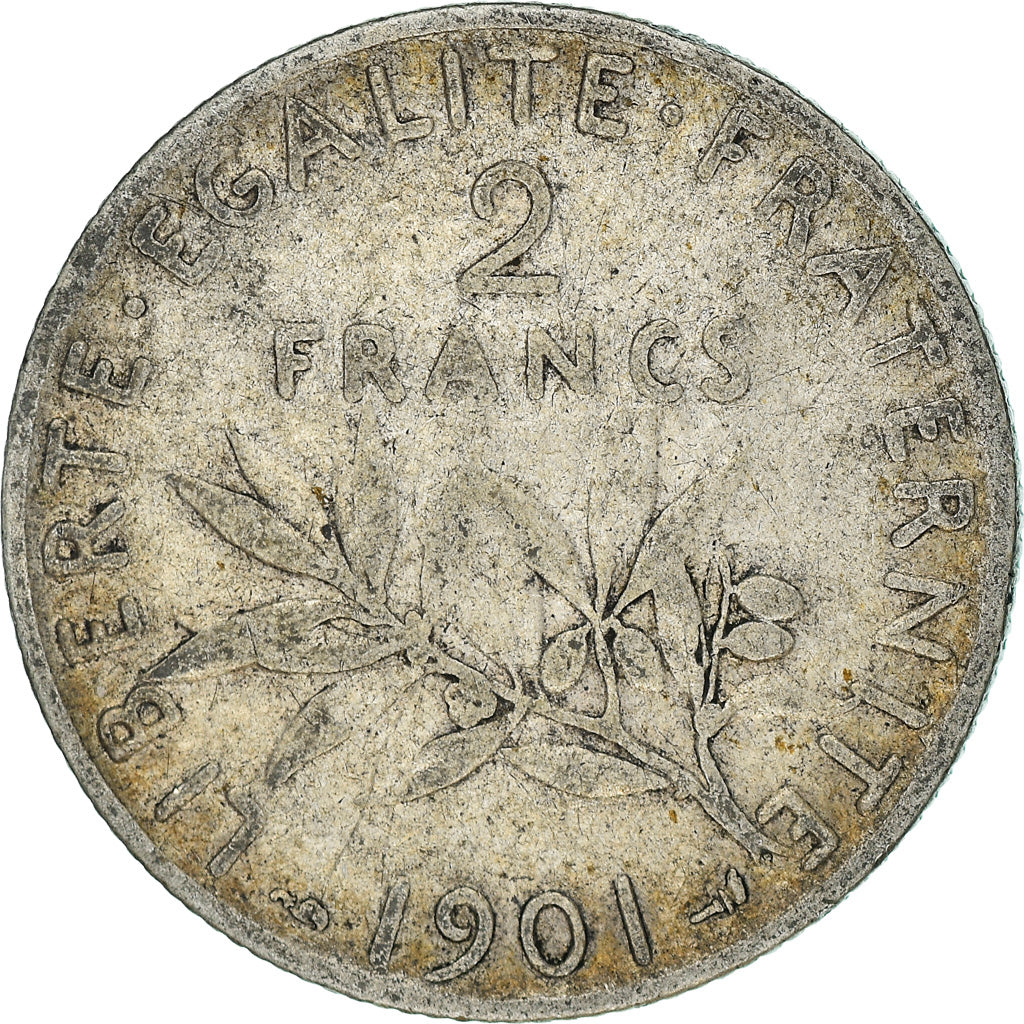Moneda, Francia, Semeuse, 2 Francs, 1901, Paris, BC+, Plata, KM:845.1