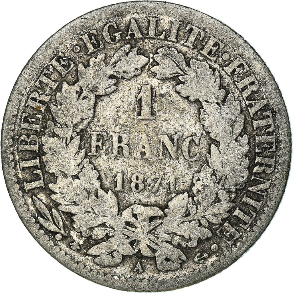 Coin, France, Cérès, Franc, 1871, Paris, VF(20-25), Silver, KM:822.1