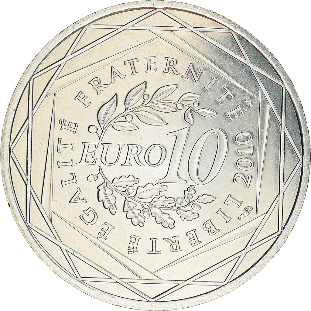 França, 10 Euro, 2010, Paris, MS(63), Prata, KM:1660