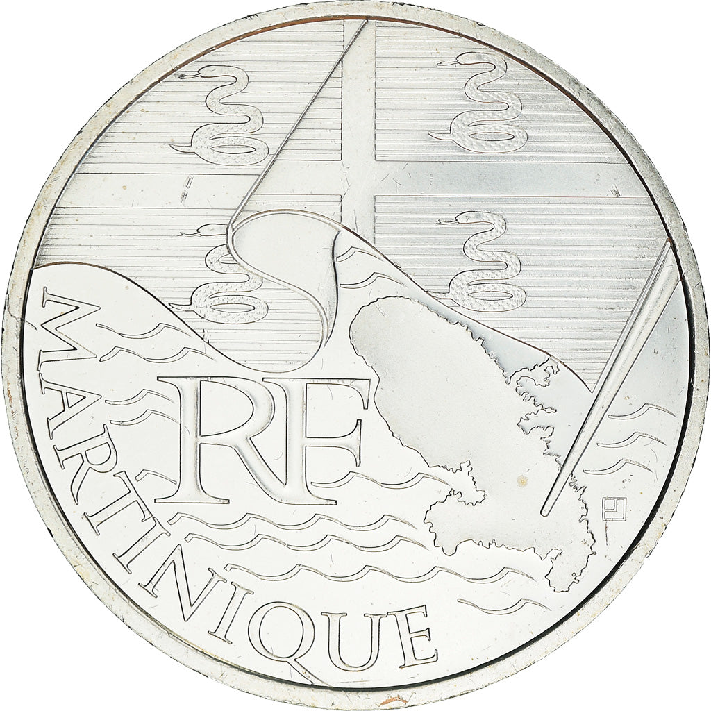 França, 10 Euro, 2010, Paris, Martinique, MS(63), Prata, KM:1662