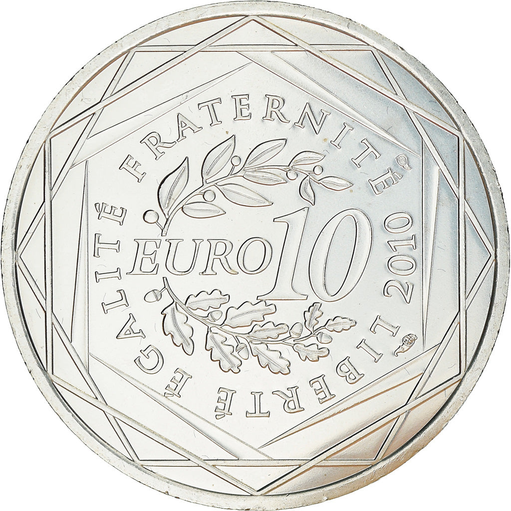 França, 10 Euro, 2010, Paris, MS(63), Prata, KM:1647