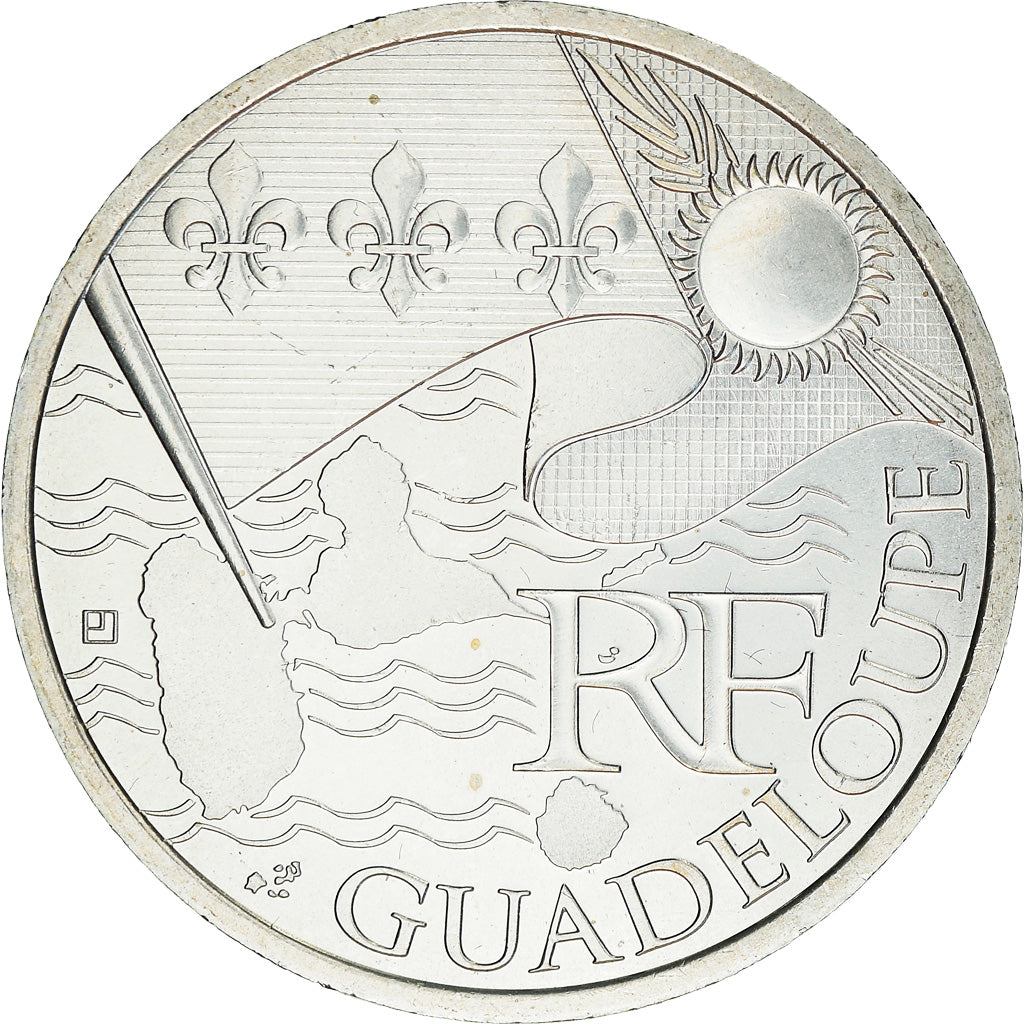 França, 10 Euro, 2010, Paris, Guadeloupe, MS(64), Prata, KM:1655