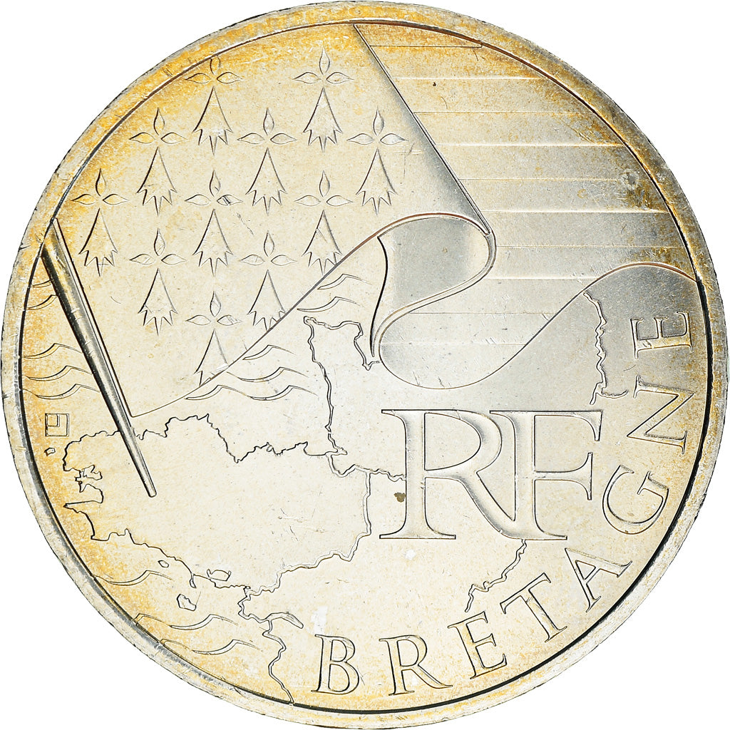 França, 10 Euro, Bretagne, 2010, Paris, MS(64), Prata, KM:1648