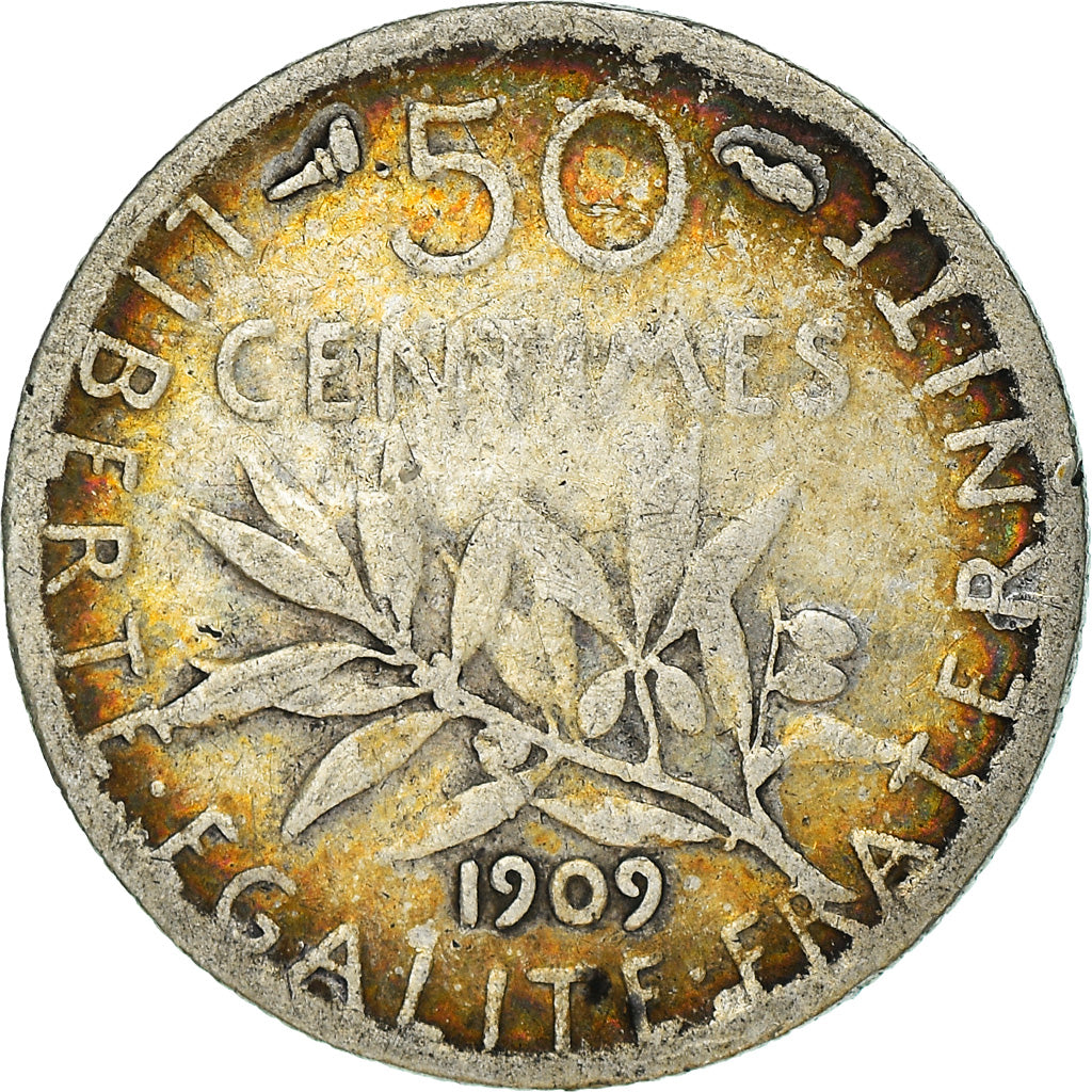 Moneta, Francia, Semeuse, 50 Centimes, 1909, Paris, MB+, Argento, KM:854