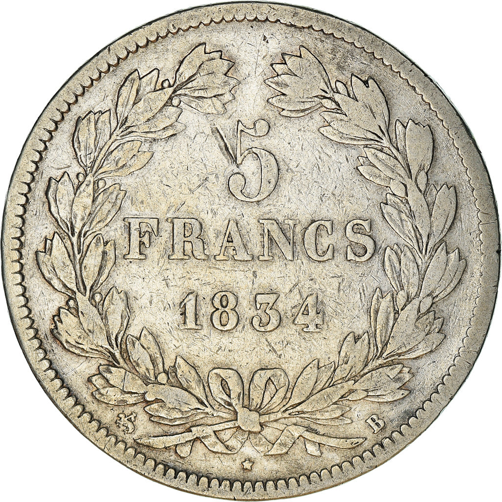 Moneta, Francja, Louis-Philippe, 5 Francs, 1834, Rouen, VF(20-25), Srebro