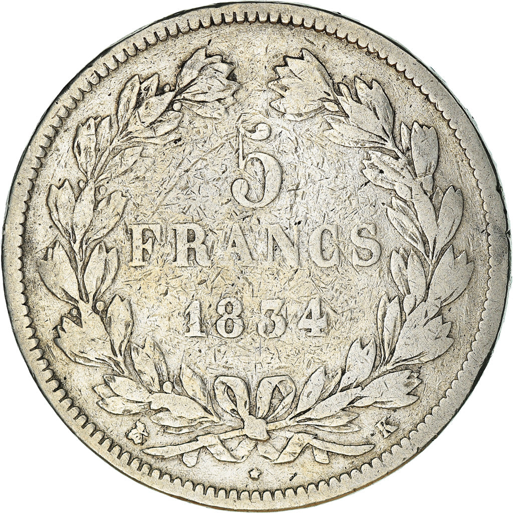 Moneda, Francia, Louis-Philippe, 5 Francs, 1834, Bordeaux, BC+, Plata, KM:749.7