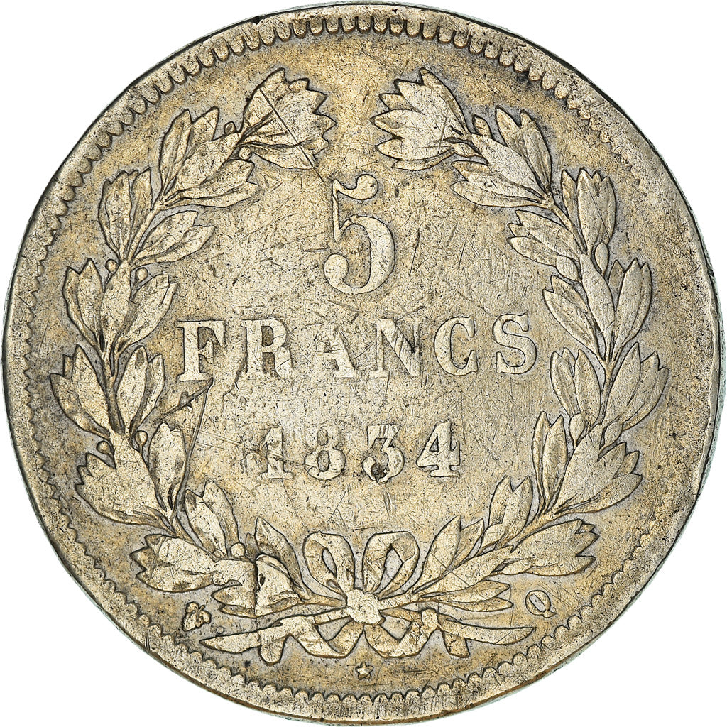 Moneta, Francja, Louis-Philippe, 5 Francs, 1834, Perpignan, VF(20-25), Srebro