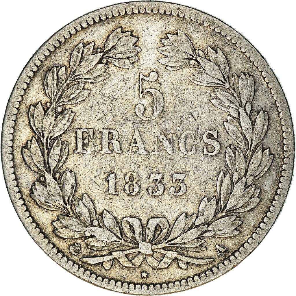 Moneda, Francia, Louis-Philippe, 5 Francs, 1833, Paris, BC+, Plata, KM:749.1
