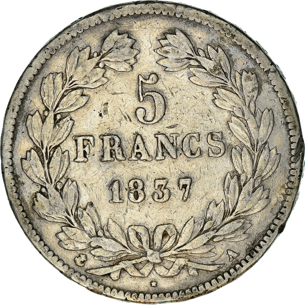 Moneta, Francia, Louis-Philippe, 5 Francs, 1837, Paris, MB, Argento, KM:749.1