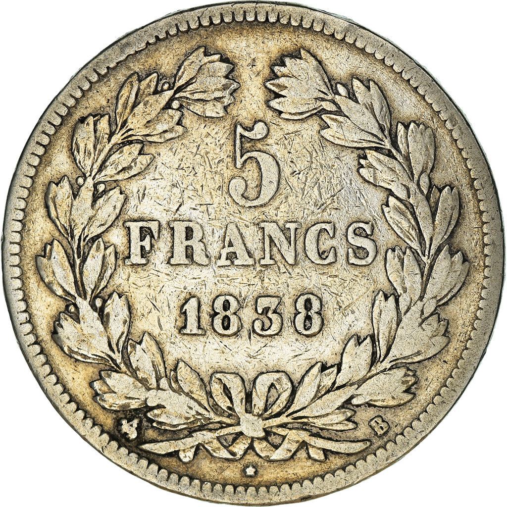 Coin, France, Louis-Philippe, 5 Francs, 1838, Rouen, VF(30-35), Silver