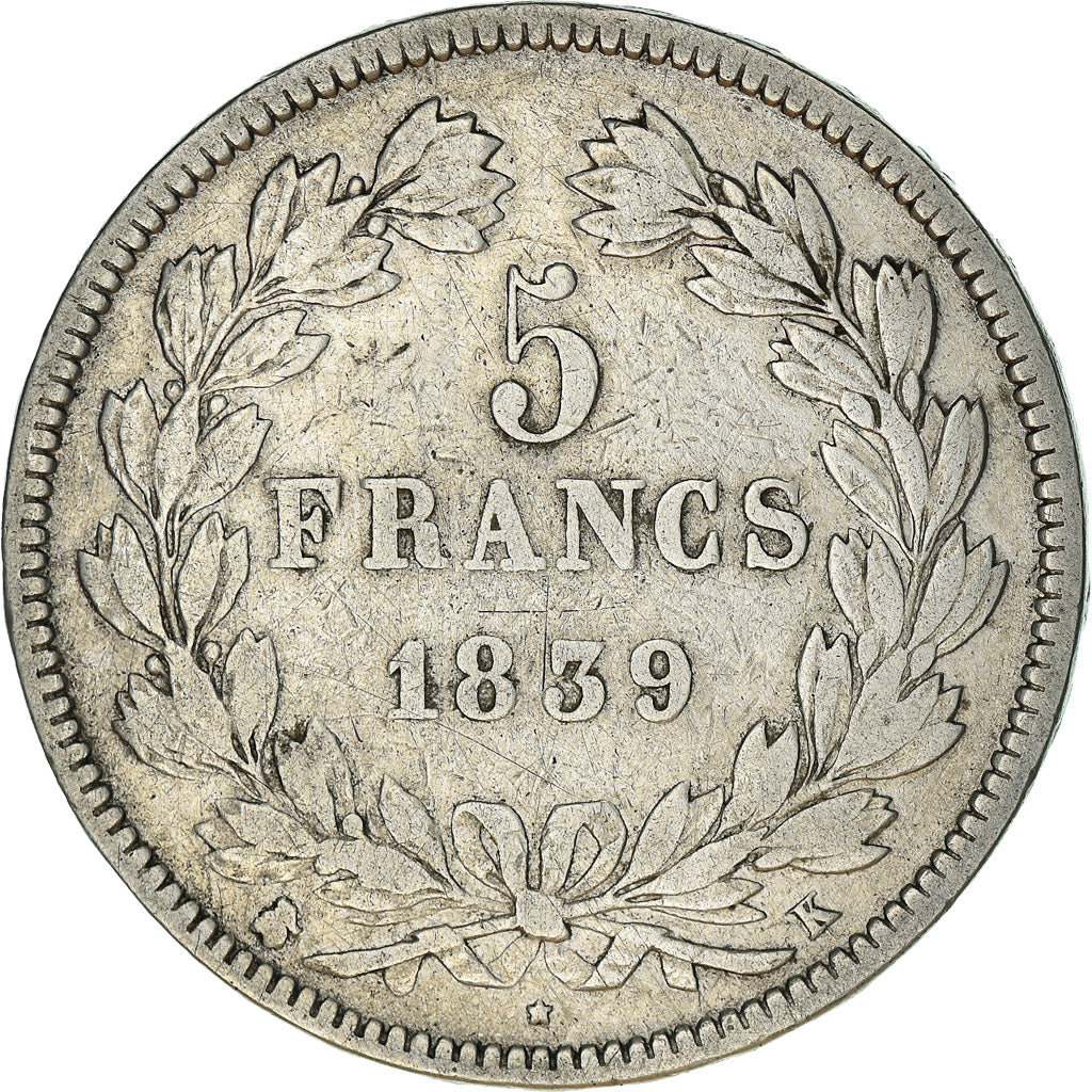 Coin, France, Louis-Philippe, 5 Francs, 1839, Bordeaux, VF(30-35), Silver