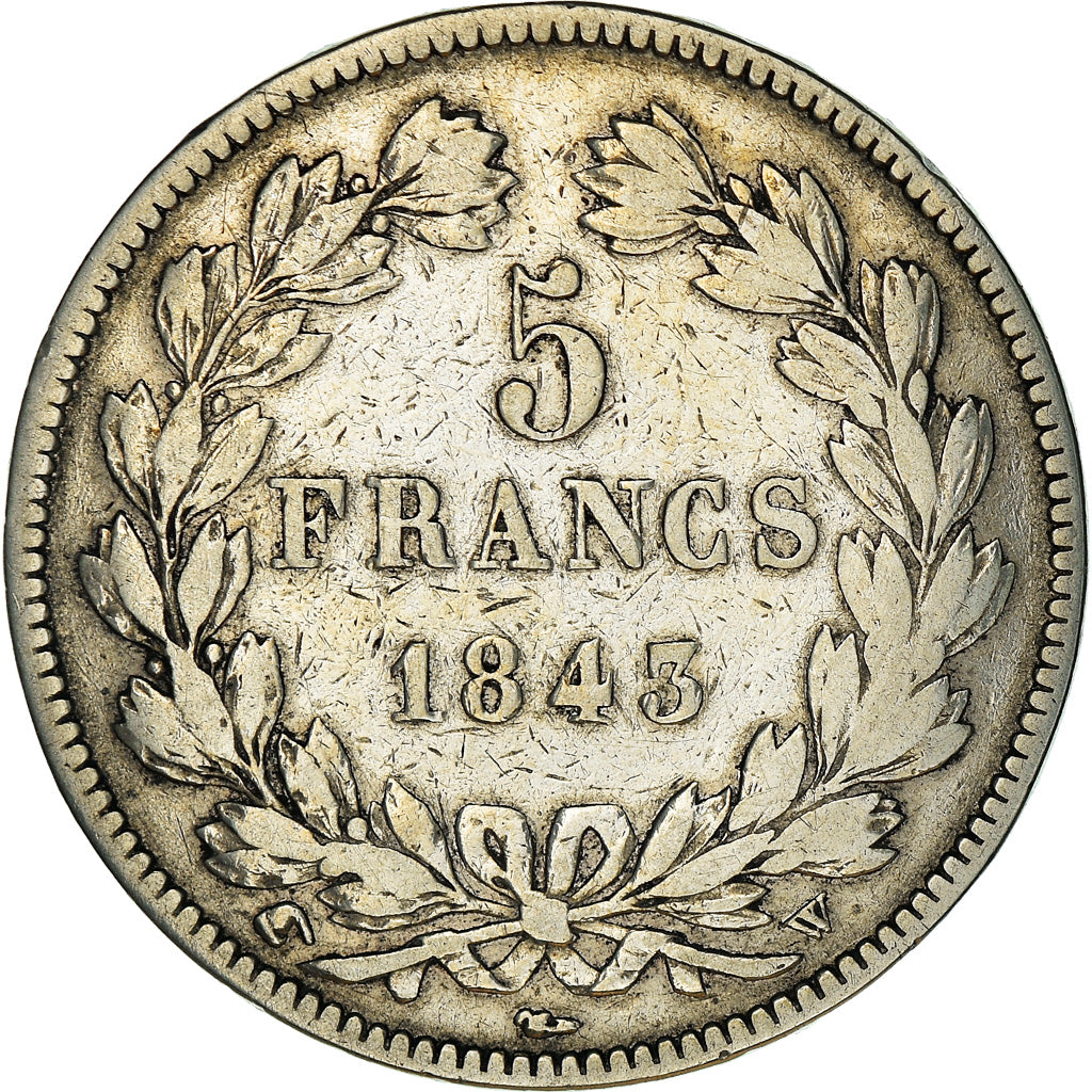 Moneda, Francia, Louis-Philippe, 5 Francs, 1843, Lille, BC+, Plata, KM:749.13
