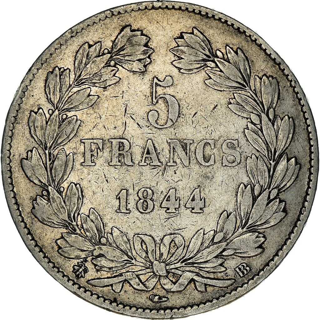 Moneda, Francia, Louis-Philippe, 5 Francs, 1844, Strasbourg, MBC, Plata