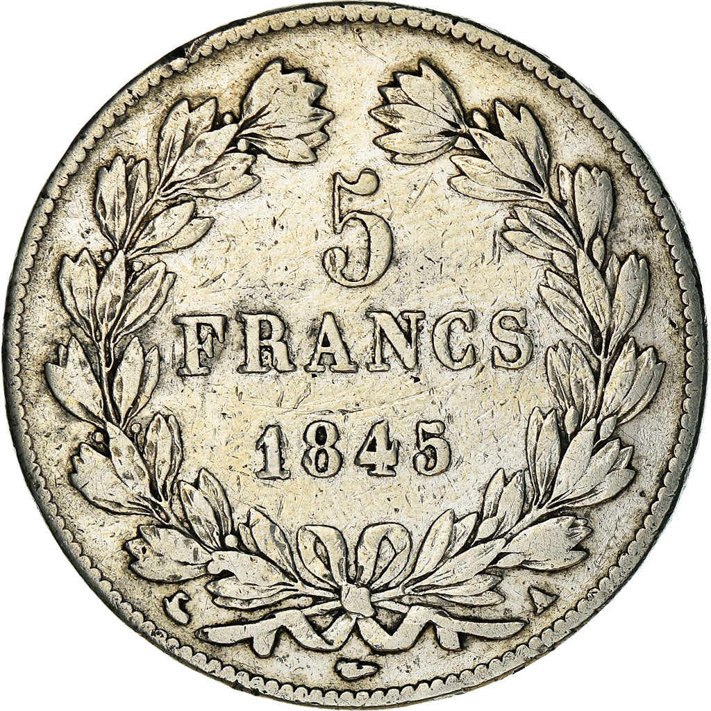 Moneda, Francia, Louis-Philippe, 5 Francs, 1845, Paris, BC+, Plata, KM:749.1
