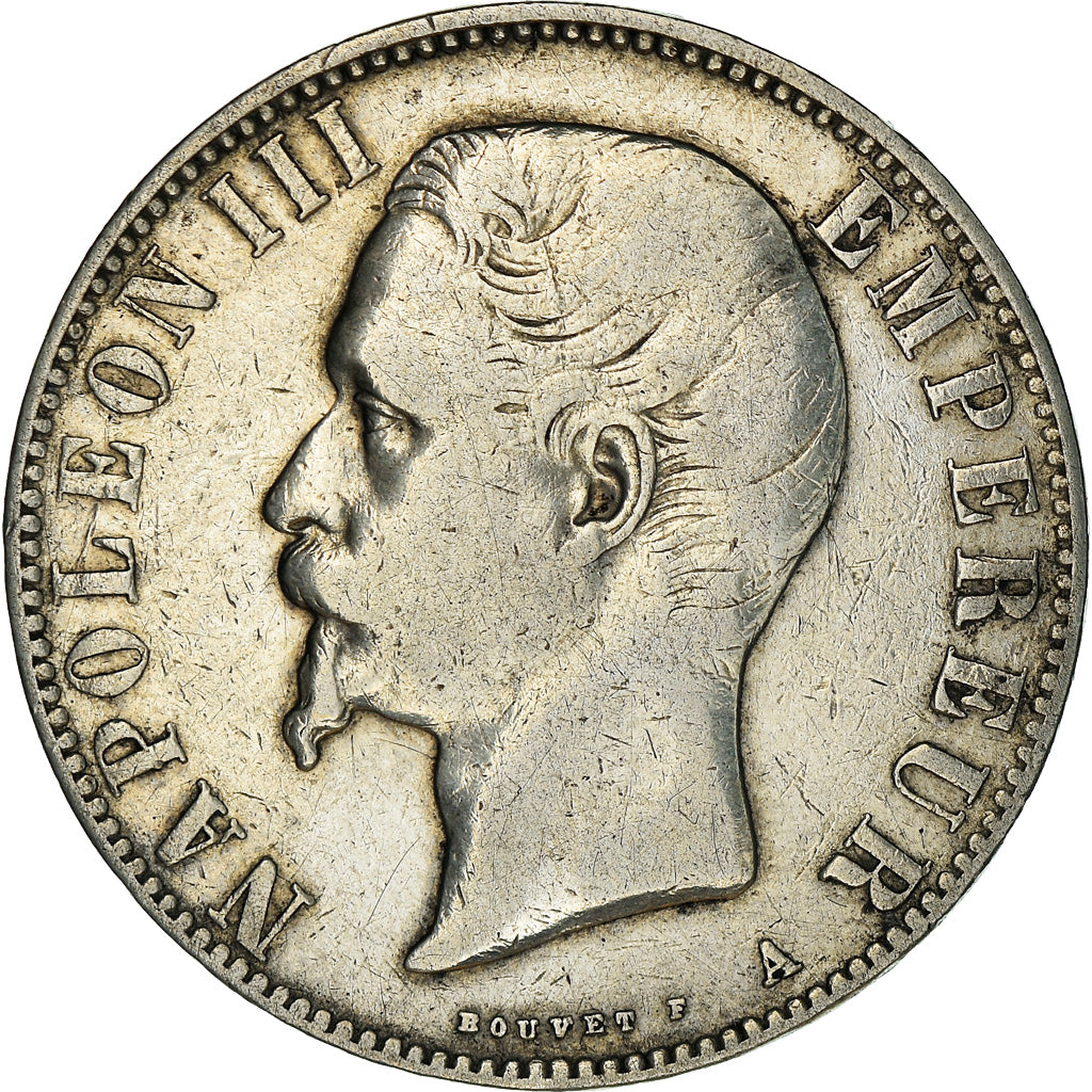 Moneda, Francia, 5 Francs, 1855, Paris, BC+, Plata, KM:782.1, Gadoury:734