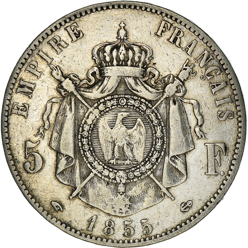 Moneda, Francia, 5 Francs, 1855, Paris, BC+, Plata, KM:782.1, Gadoury:734