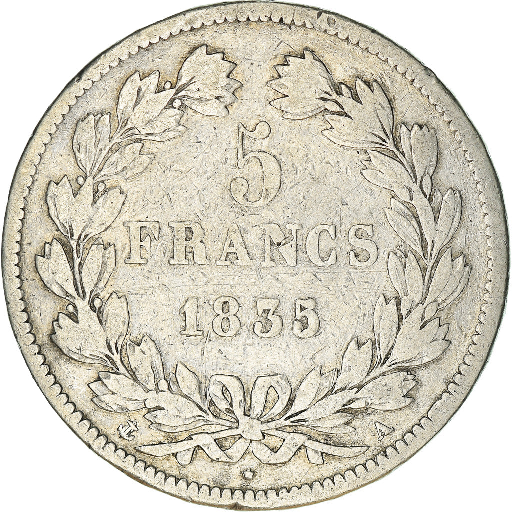 Moneda, Francia, Louis-Philippe, 5 Francs, 1835, Paris, BC+, Plata, KM:749.1