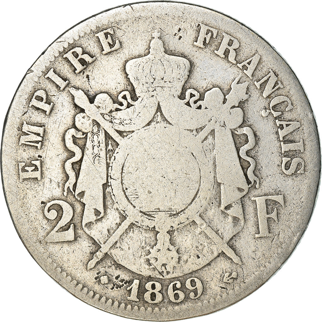 Moeda, França, Napoleon III, Napoléon III, 2 Francs, 1869, Strasbourg