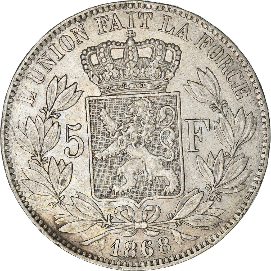 Coin, Belgium, Leopold II, 5 Francs, 5 Frank, 1868, Brussels, AU(50-53), Silver