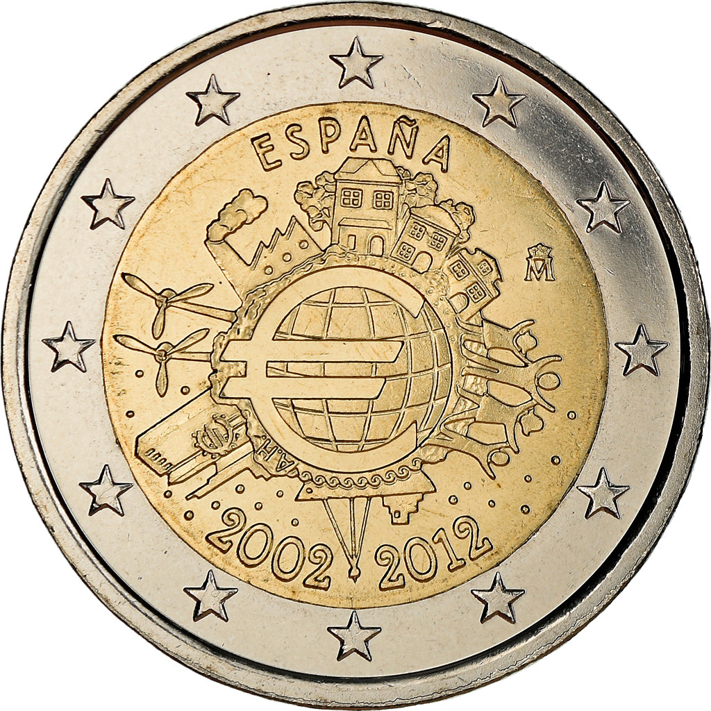 España, 2 Euro, 10 years euro, 2012, Madrid, SC, Bimetálico, KM:1252