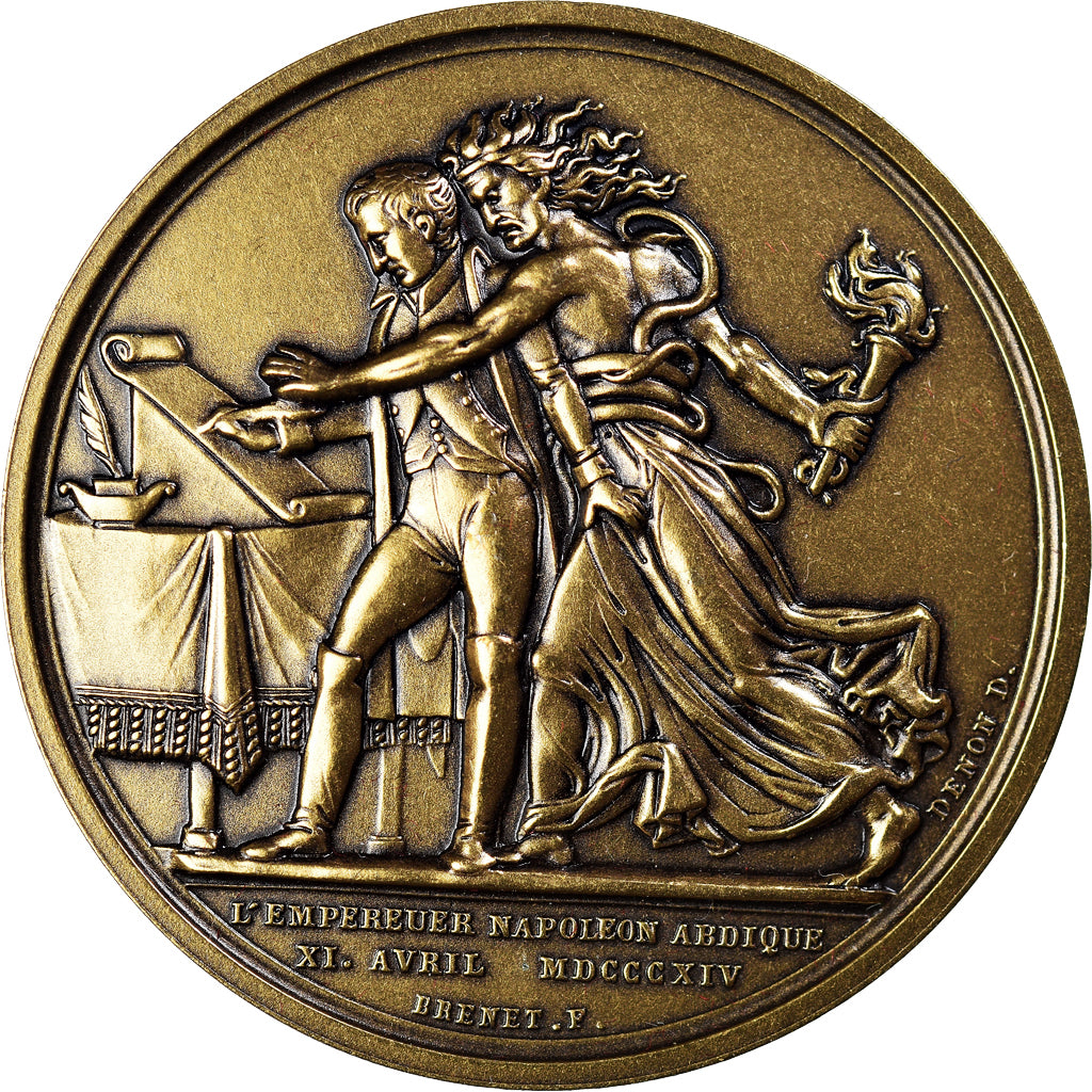França, Medal, L'Empereur Napoléon Abdique, Denon, Nova cunhagem, MS(65-70)