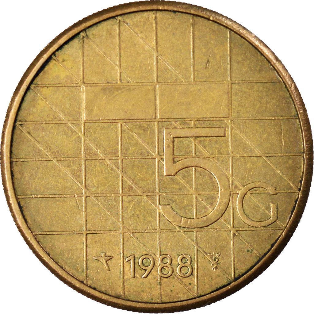 Moneta, Holandia, Beatrix, 5 Gulden, 1988, VF(30-35), Brąz pokryty Niklem