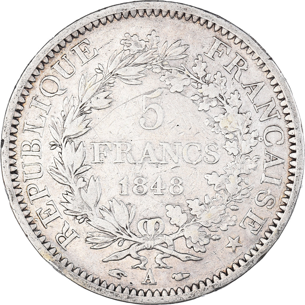 Moneda, Francia, Hercule, 5 Francs, 1848, Paris, BC+, Plata, KM:756.1